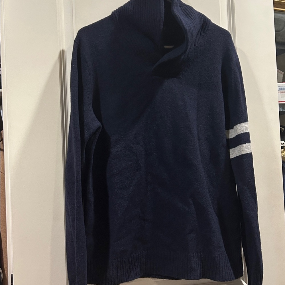 J.Crew mens 100% Lambswool pullover shawl neck sweater sleeve stripe size M blue